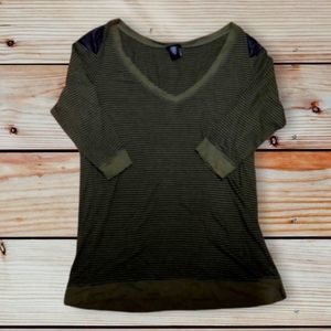 TORRID- ARMY GREEN & BLACK STRIPES W FAUX LEATHER DETAILS, V NECK, 3/4 SLEEVE